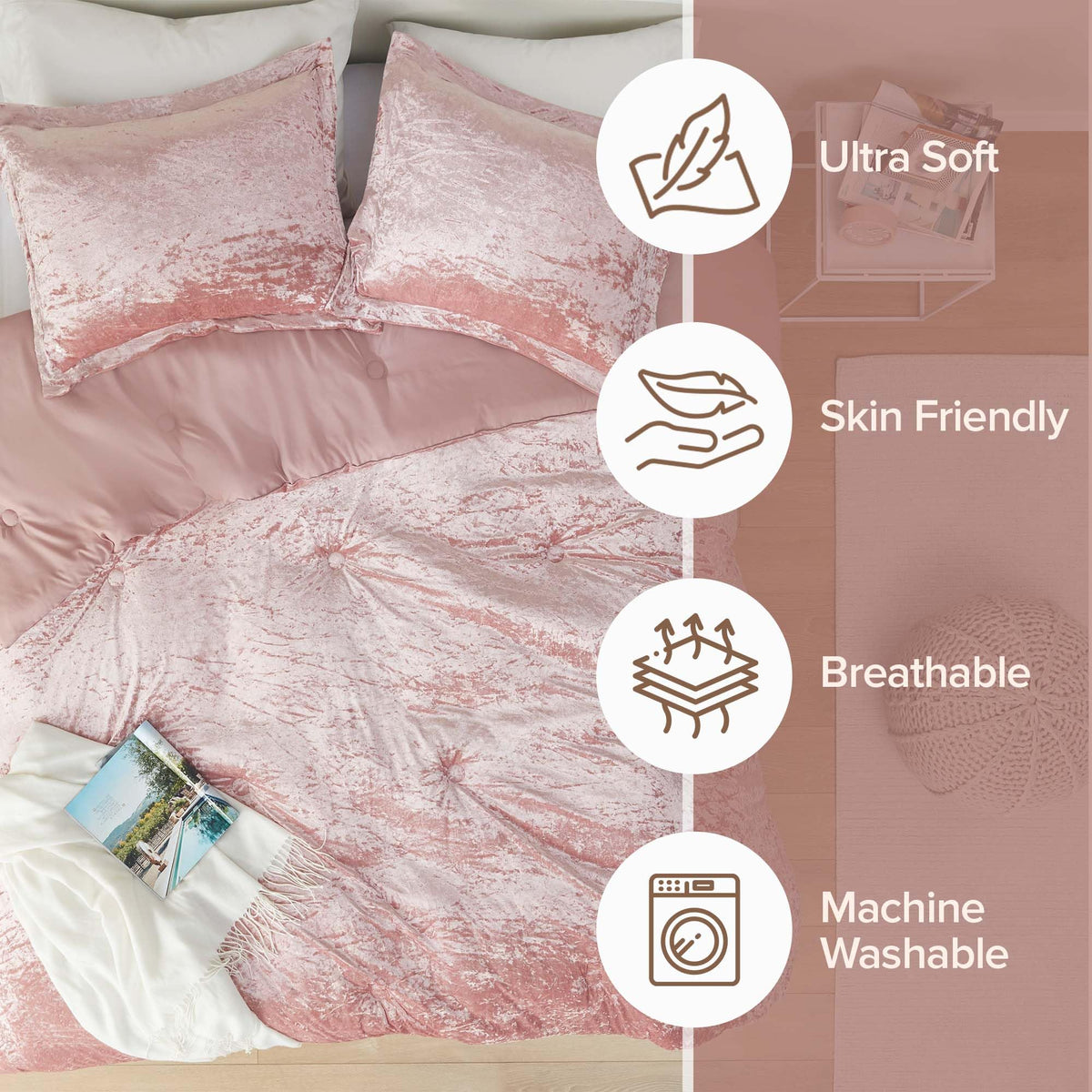 Comfort Spaces Juliette blush velvet bedding, a glamorous cozy centerpiece.