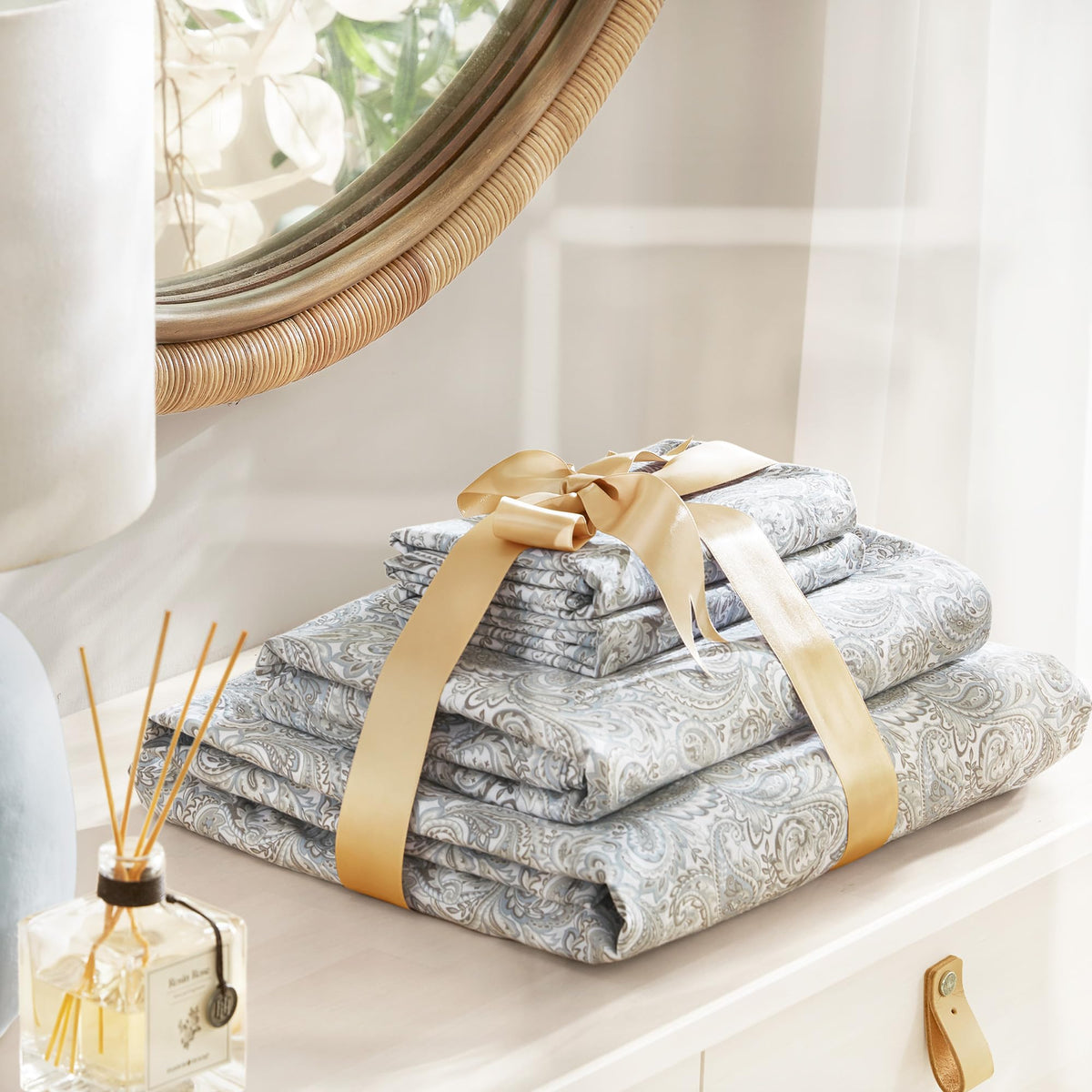 Comfort Spaces Paisley sheet set includes flat sheet, fitted sheet, two pillowcases.