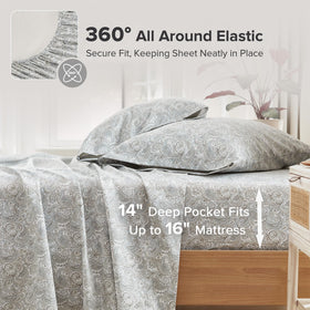 Comfort Spaces Paisley sheets on bed demonstrate breathable, cooling feel.
