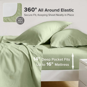 Comfort Spaces Sage Green Sheet Set on bed showing year-round comfort.