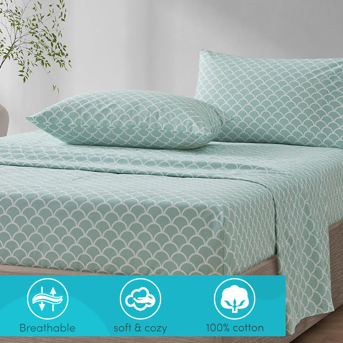 Comfort Spaces fitted sheet with 12-inch pocket securing up to 14-inch mattresses.