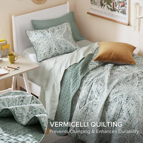 Comfort Spaces vermicelli quilting pattern highlights breathable, lightweight layering.
