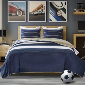 Comfort Spaces Verone coverlet navy stripe detail for cozy year-round use.