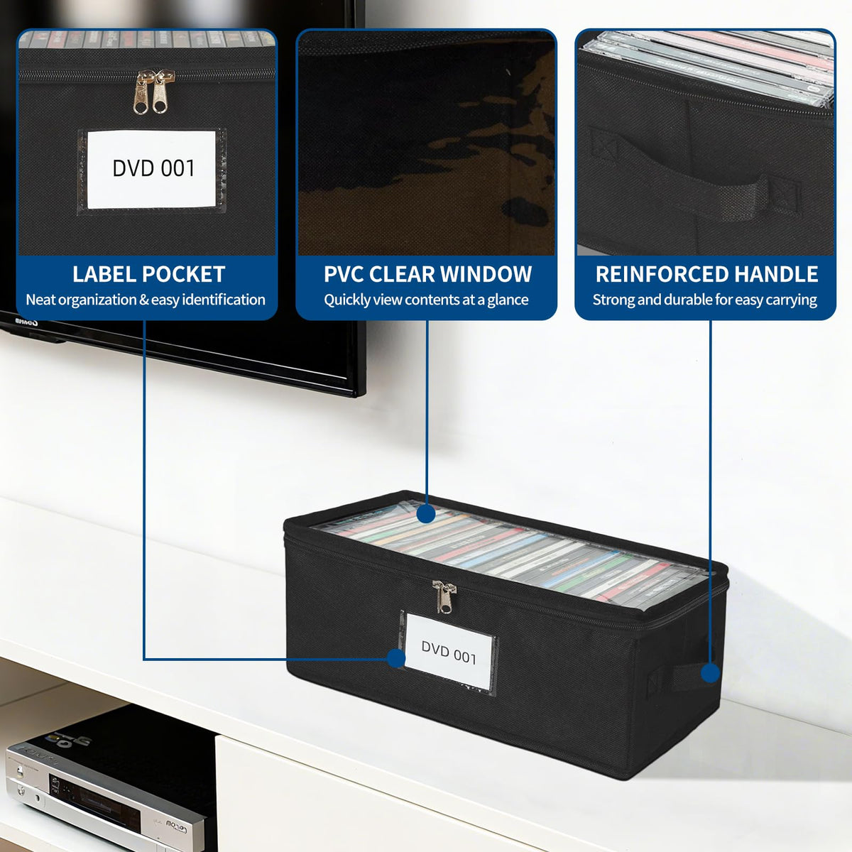 ComfortKeeper stackable DVD box plus side handles for easy transport.
