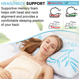 ComfySleep queen bamboo pillow on bed delivers cooling, all-season comfort.
