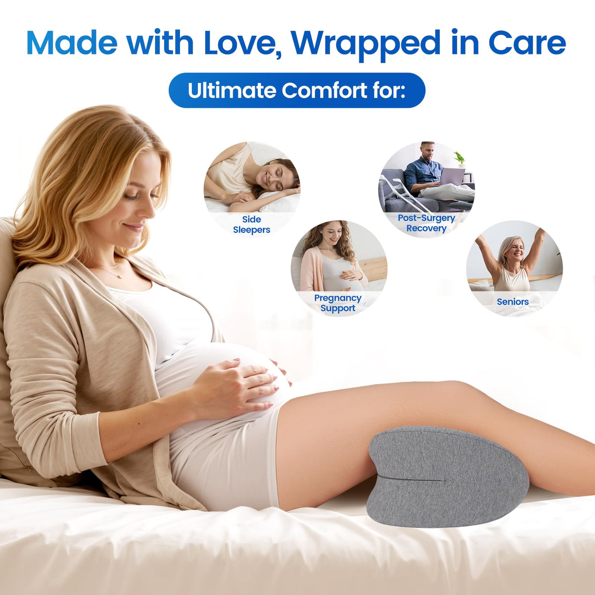 ComfyInLove knee pillow 11x10.6x7.2 inches supports hips and spine.