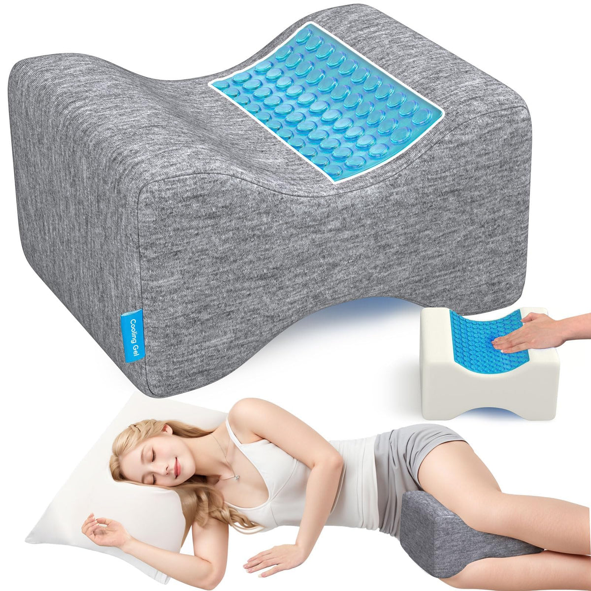 ComfyInLove knee pillow between the knees with cooling gel for a cooler night.