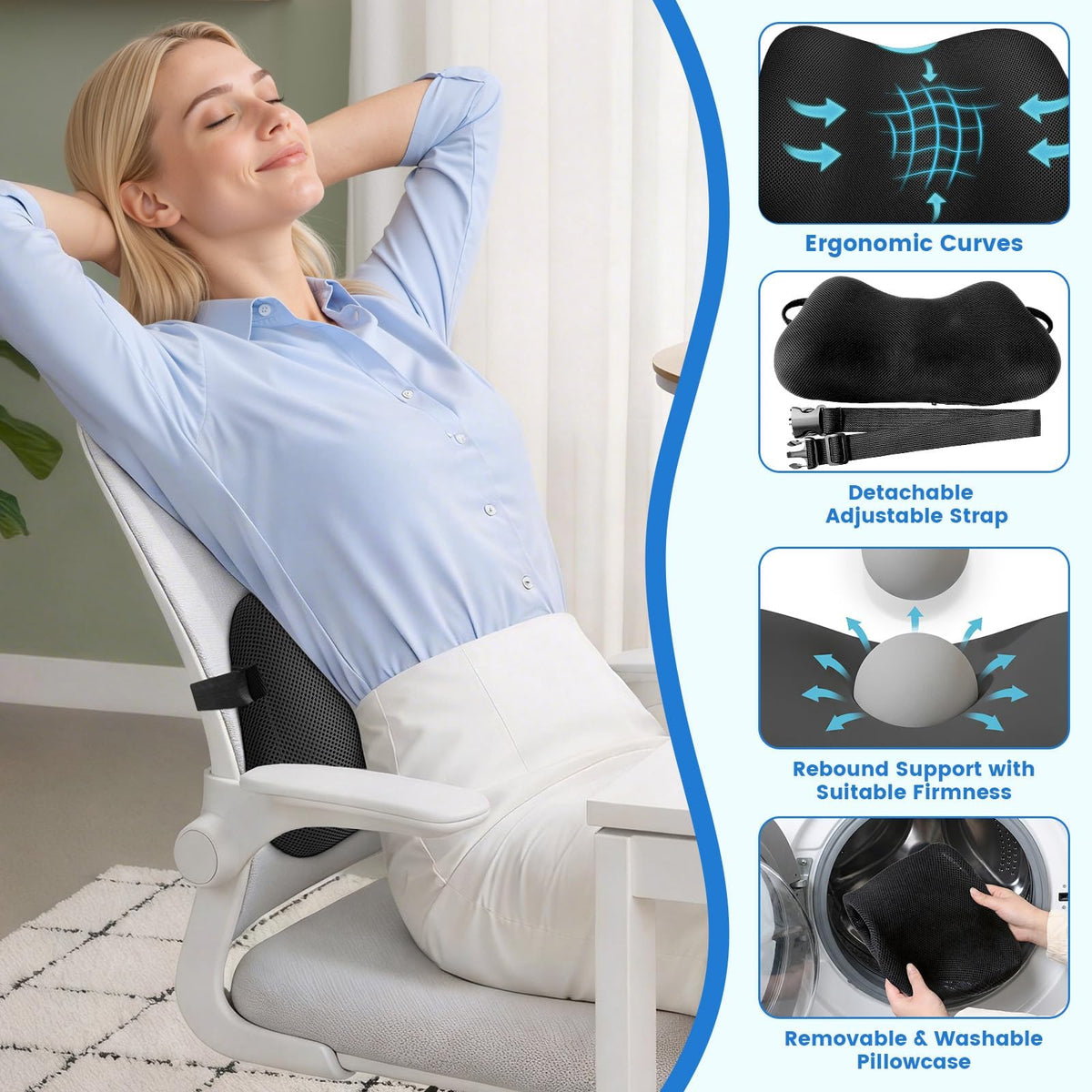 ComfyInLove lumbar pillow with adjustable strap stays securely in place