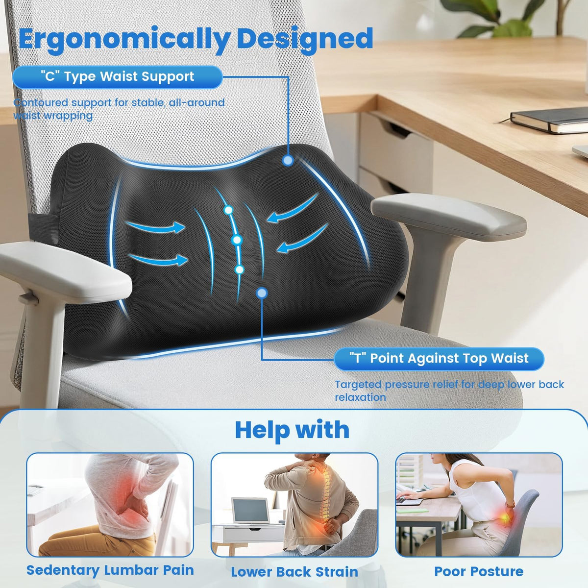 ComfyInLove lumbar pillow with T-point structure targets the lumbar area