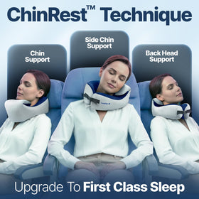 ComfyNap chinrest-technique demonstrates under-chin support to reduce head bobbing