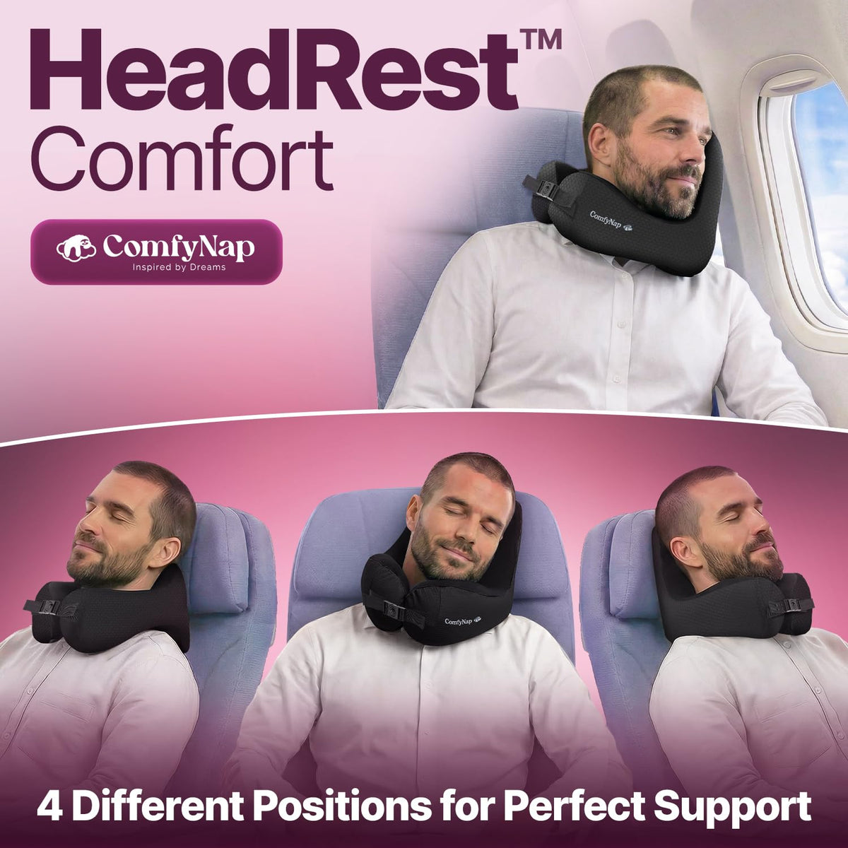 ComfyNap memory foam neck pillow front view for compact travel setup.