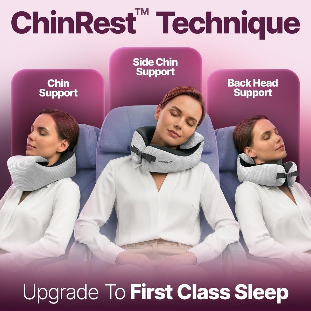 ComfyNap headrest four-position setup for window-seat comfort