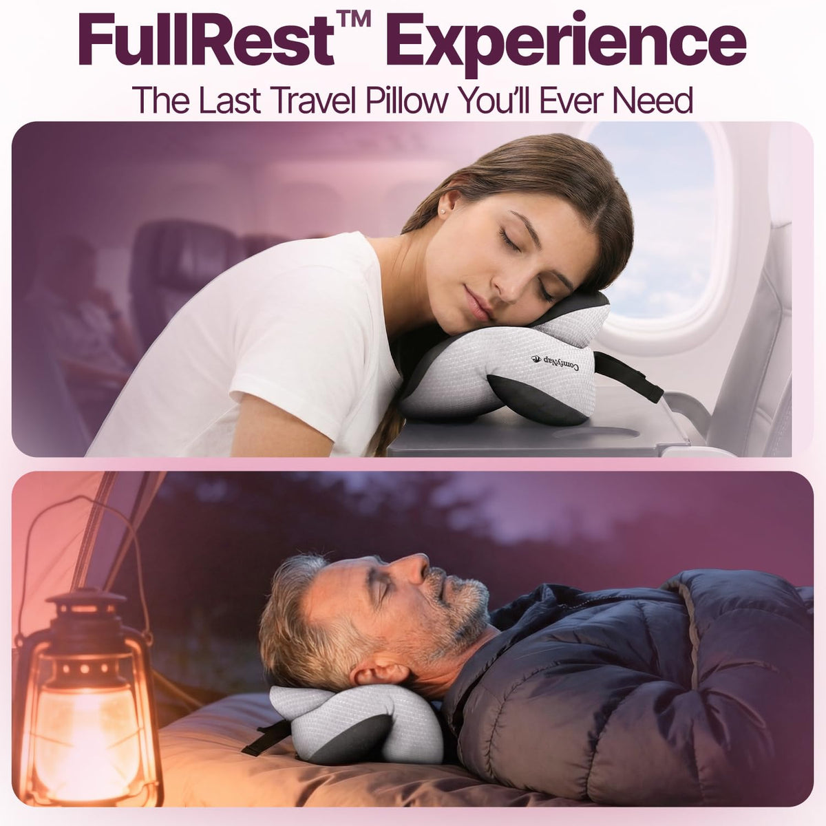 ComfyNap plush tray-table cushion setup for plane rests