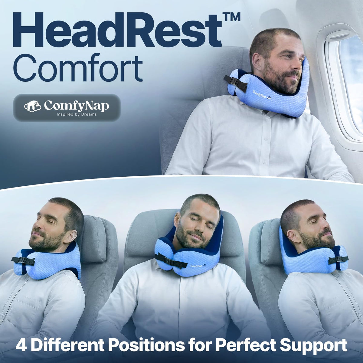 ComfyNap Zeus chinrest usage photo demonstrates 3-position stability during travel.