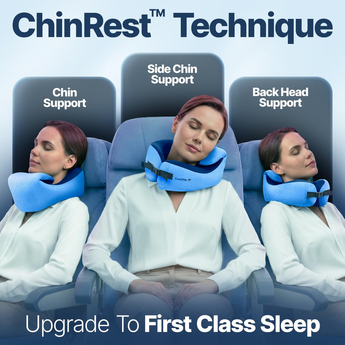 ComfyNap Zeus headrest setup shows adaptive support for side or window seats.