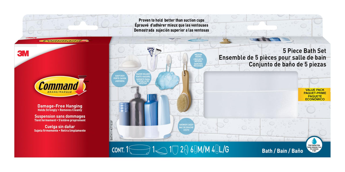 Command bath set caddy mounted on tile wall keeps toiletries organized and within easy reach.