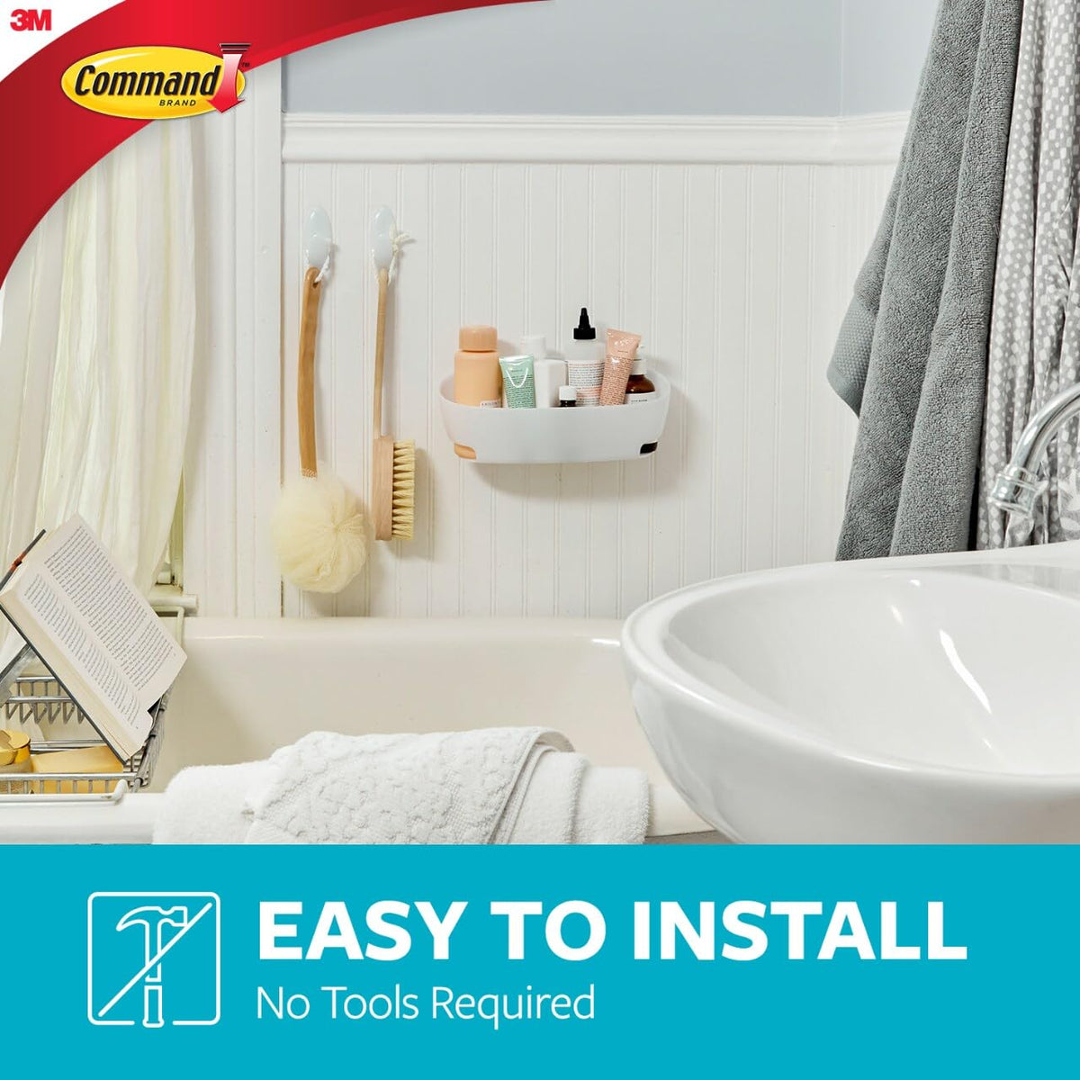 Command bath set large strips provide strong, water-resistant mounting on glass and tile.