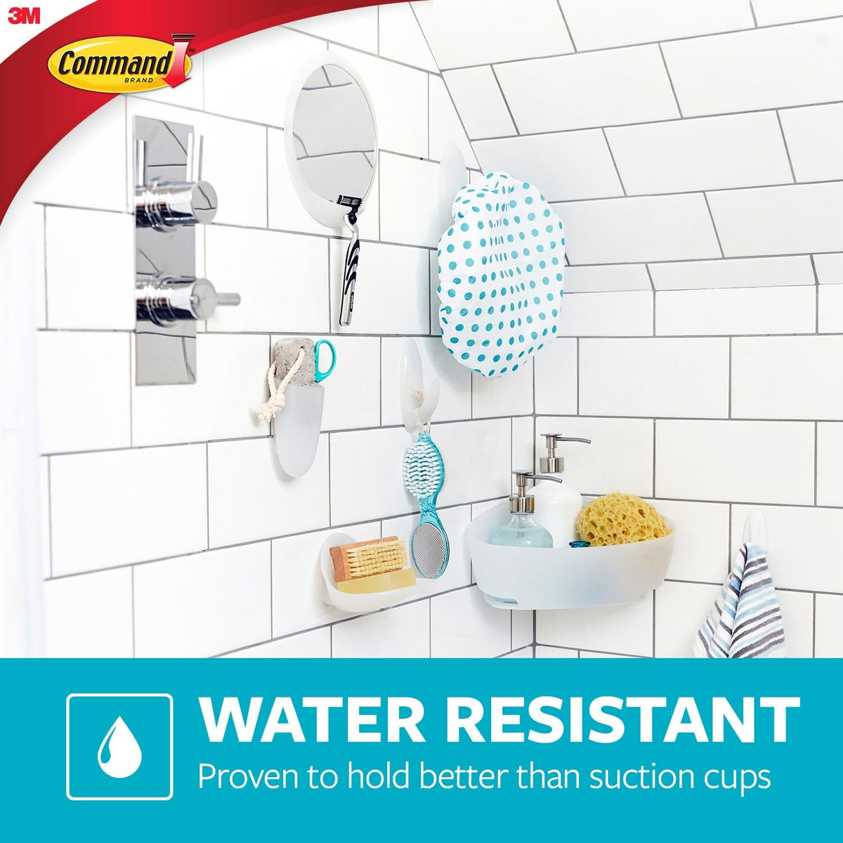 Command bath set medium strips allow easy repositioning across surfaces as needs change.