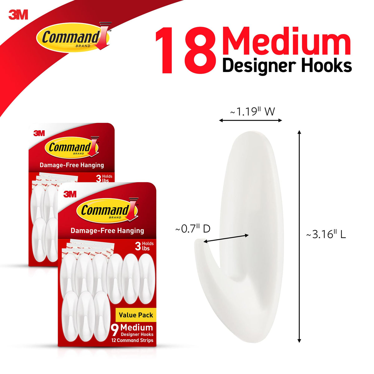Closeup of Command Designer Hooks with adhesive strips for damage-free hanging.