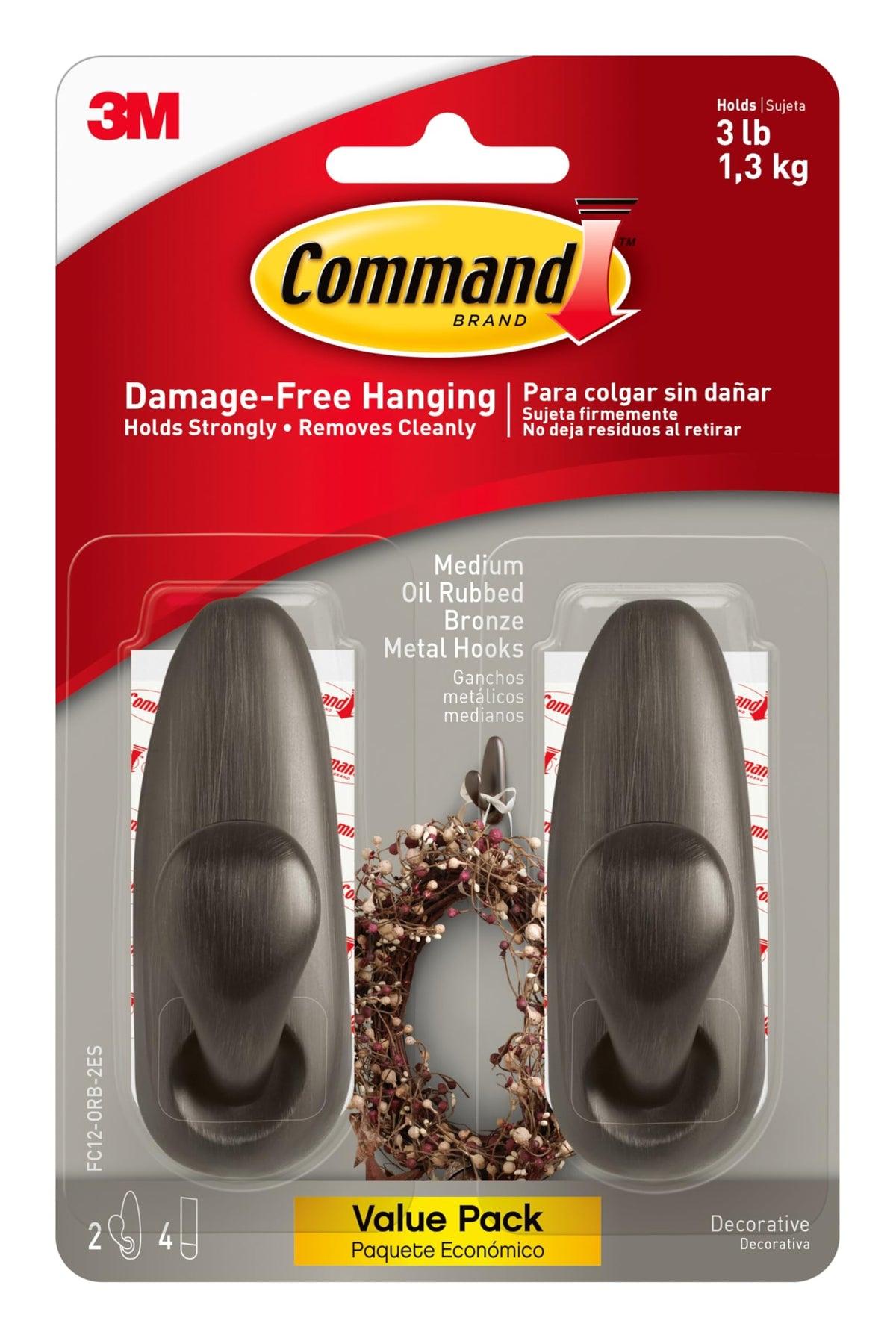 Command oil rubbed bronze hook assembly for damage-free wall mounting on smooth surfaces