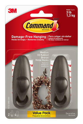 Command oil rubbed bronze hook assembly for damage-free wall mounting on smooth surfaces