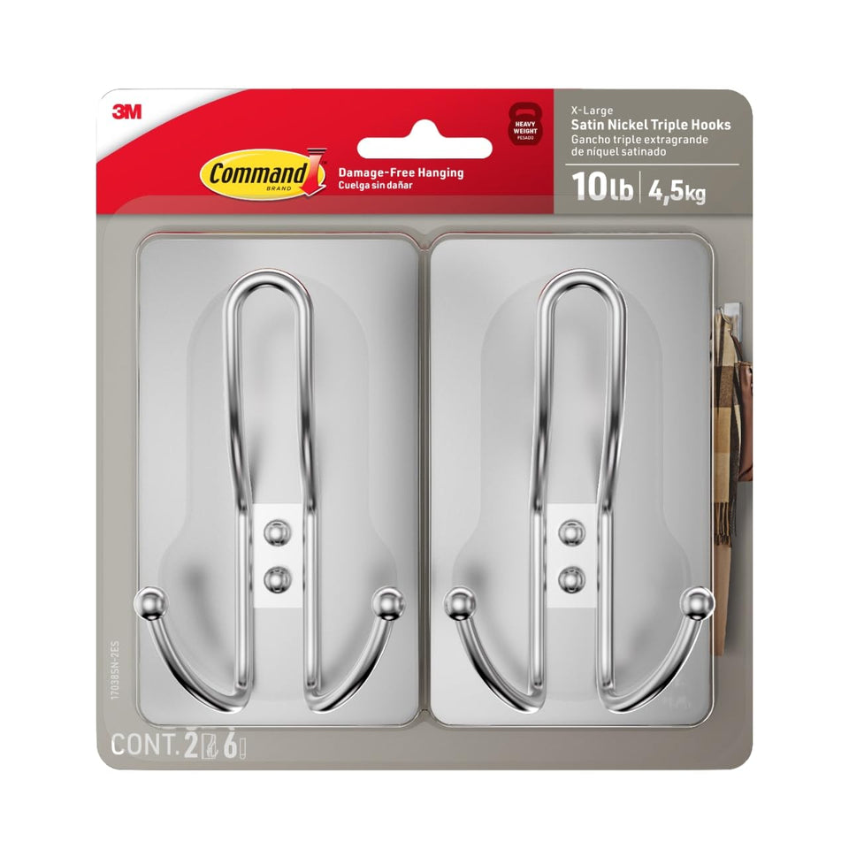 Command X-Large Satin Nickel Triple Hook package with strips for damage-free hanging