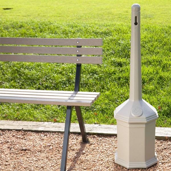 Commercial Zone Site Saver cigarette receptacle beige side view, graffiti-resistant and easy to maintain.
