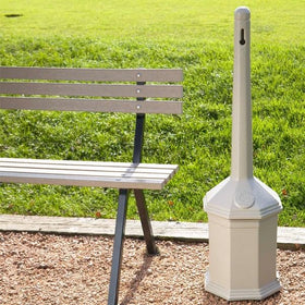 Commercial Zone Site Saver cigarette receptacle beige side view, graffiti-resistant and easy to maintain.