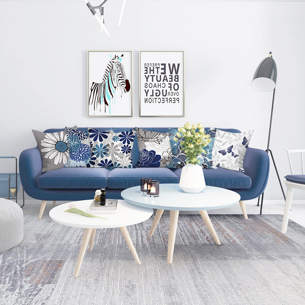 COMMINY blue-grey daisy-pattern pillow cover on sofa for versatile decor.