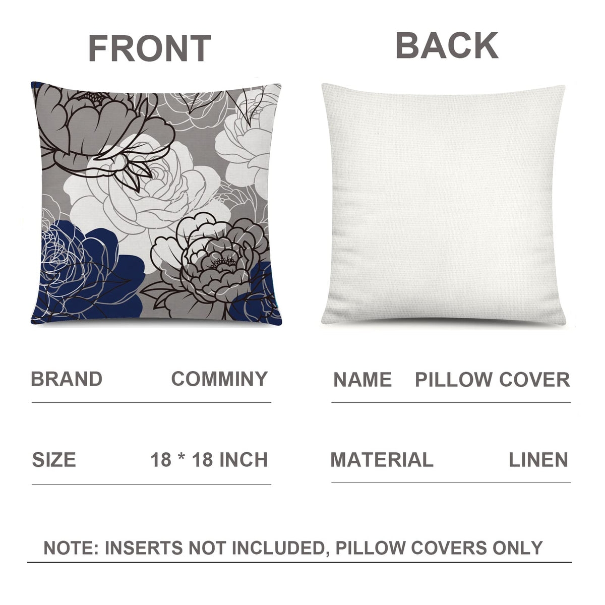 COMMINY cotton-linen fabric pillow cover designed for 18x18 inserts.