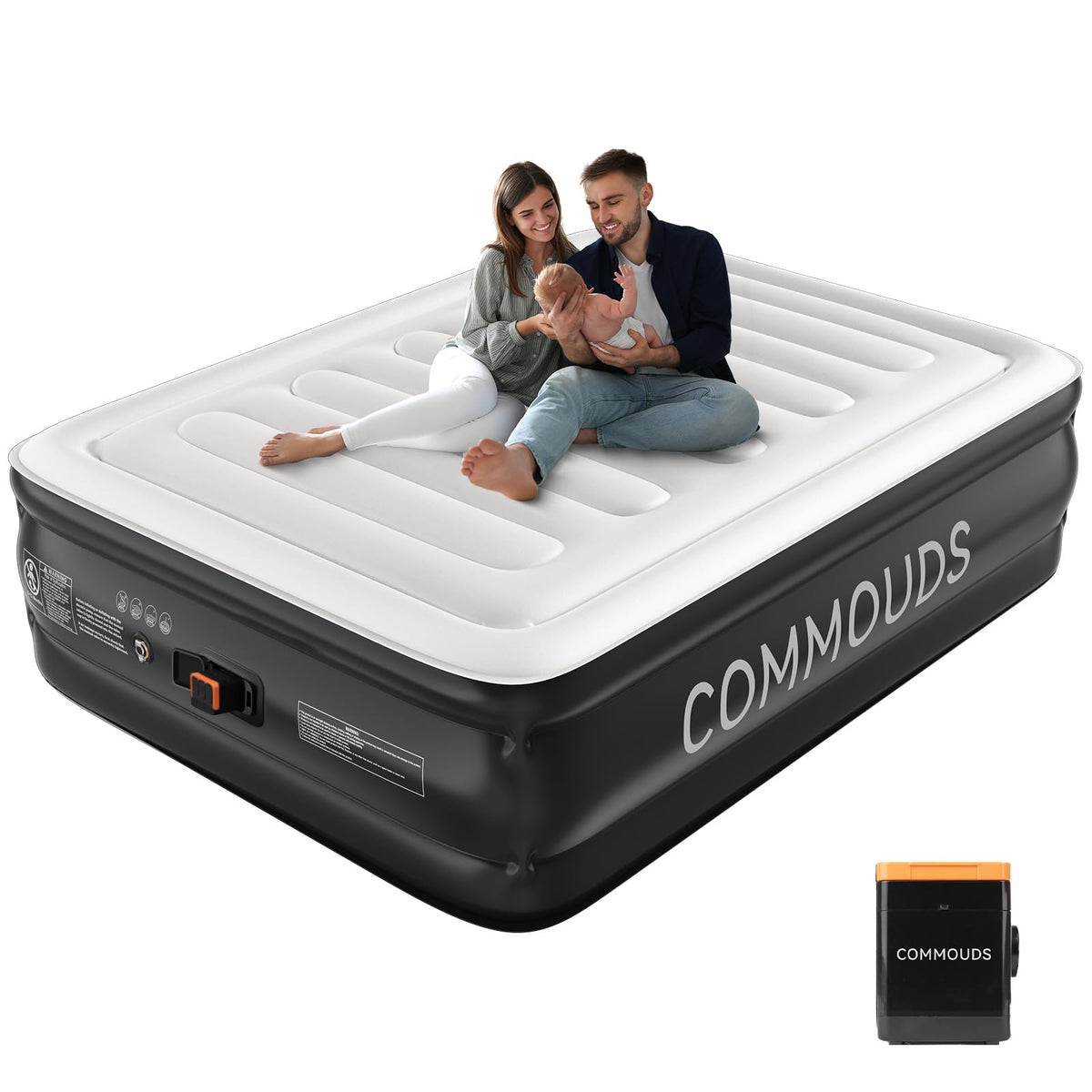 COMMOUDS Queen Air Mattress pump enables quick setup for camping or guests.