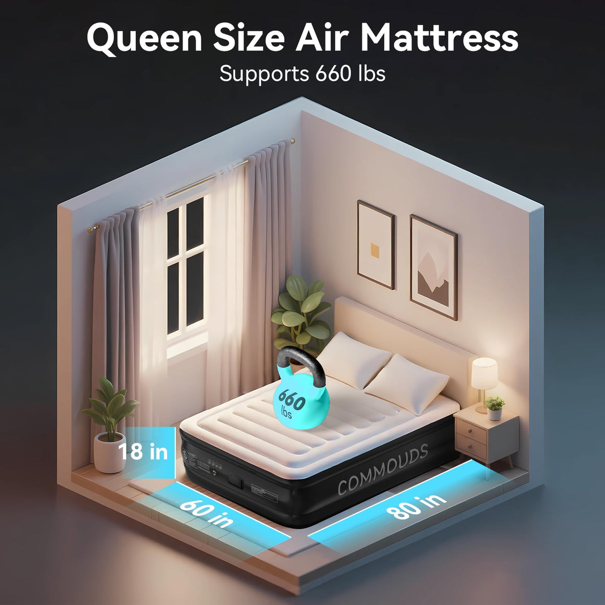 COMMOUDS Queen Air Mattress thick PVC signals durable, long-lasting use outdoors and indoors.