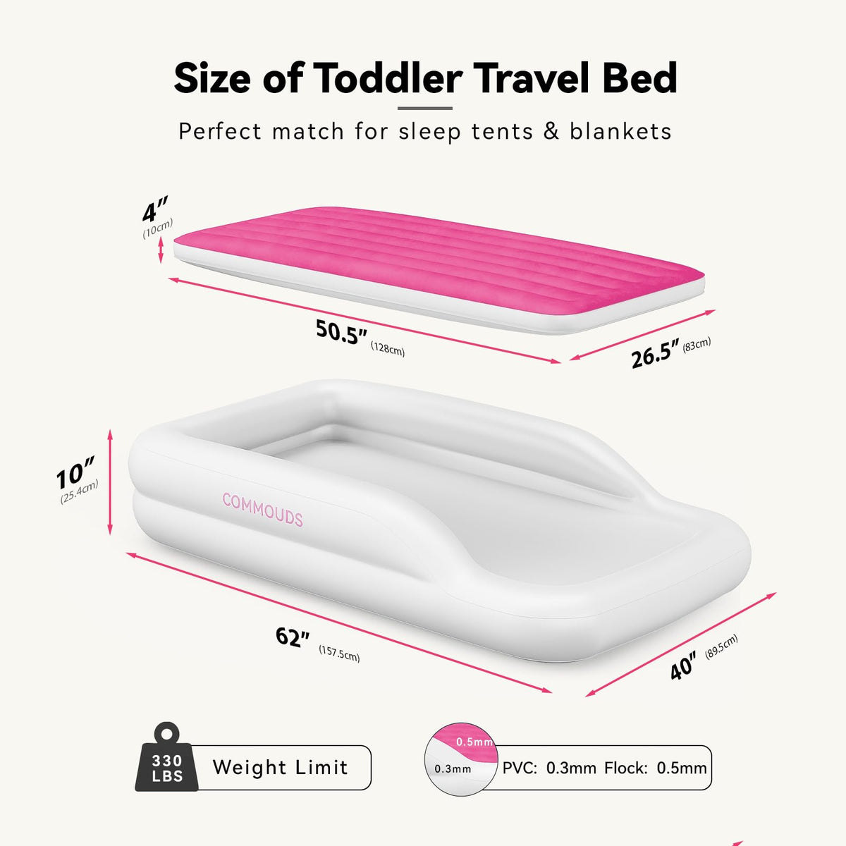 COMMOUDS inflatable inner mattress provides soft, supportive sleep surface.