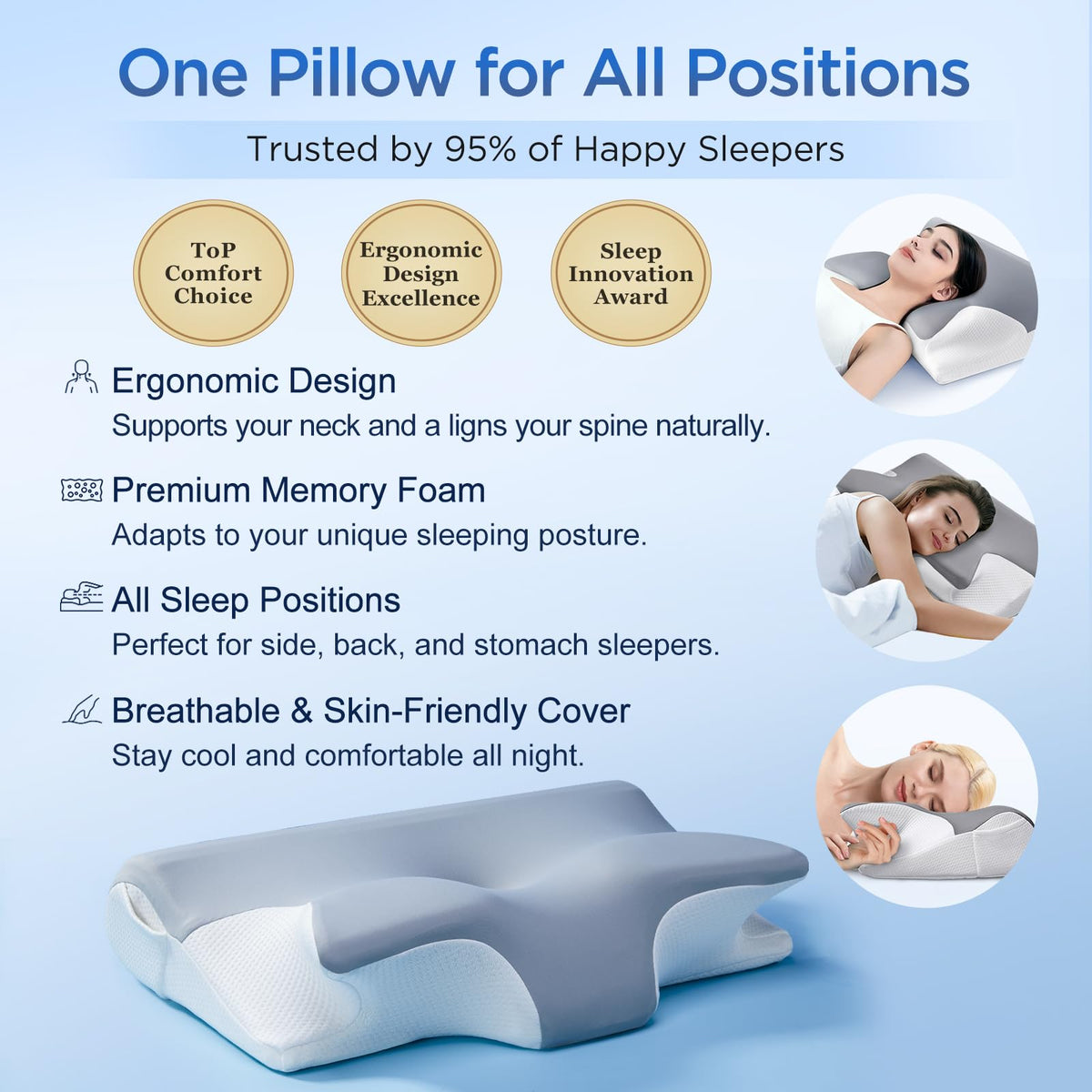 Dual-side pillow design with wings and traction zones for customizable neck comfort.