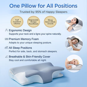 Dual-side pillow design with wings and traction zones for customizable neck comfort.