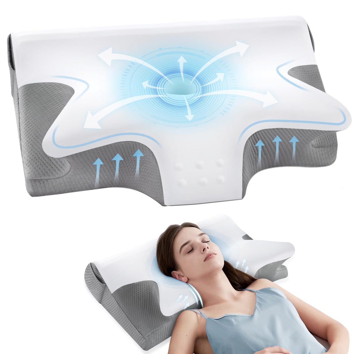 ComRola cervical pillow front view showing ergonomic neck support