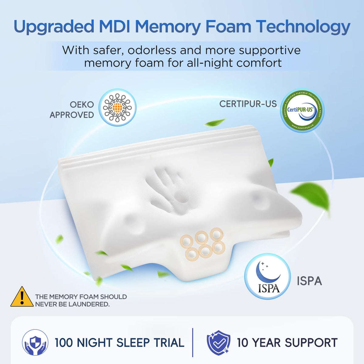 ComRola memory foam pillow is odorless and CertiPur-US certified for long-lasting support.