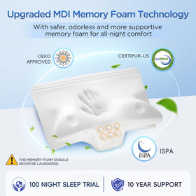 ComRola memory foam pillow is odorless and CertiPur-US certified for long-lasting support.