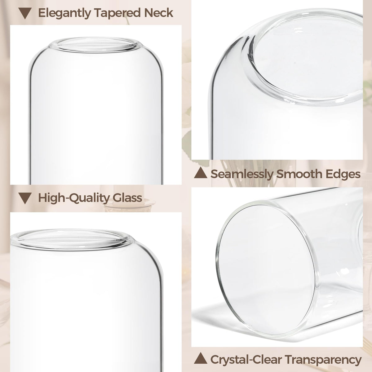 ComSaf glass bud vases, clear design enhances fresh flower displays.