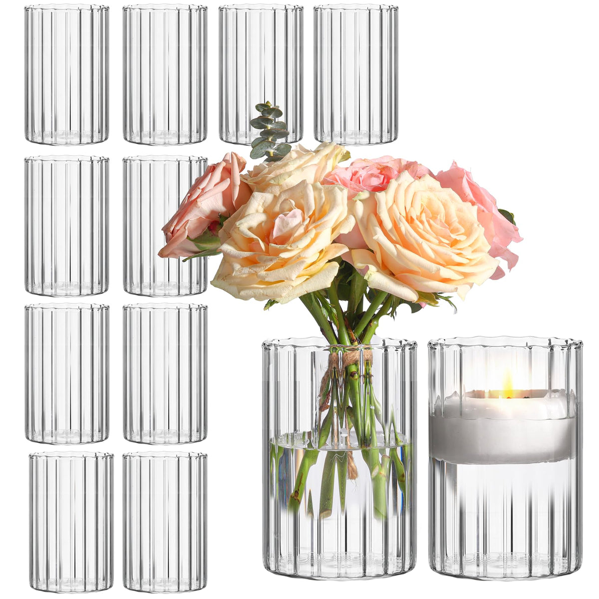 ComSaf glass cylinder vase 12-pack ribbed design for elegant centerpieces