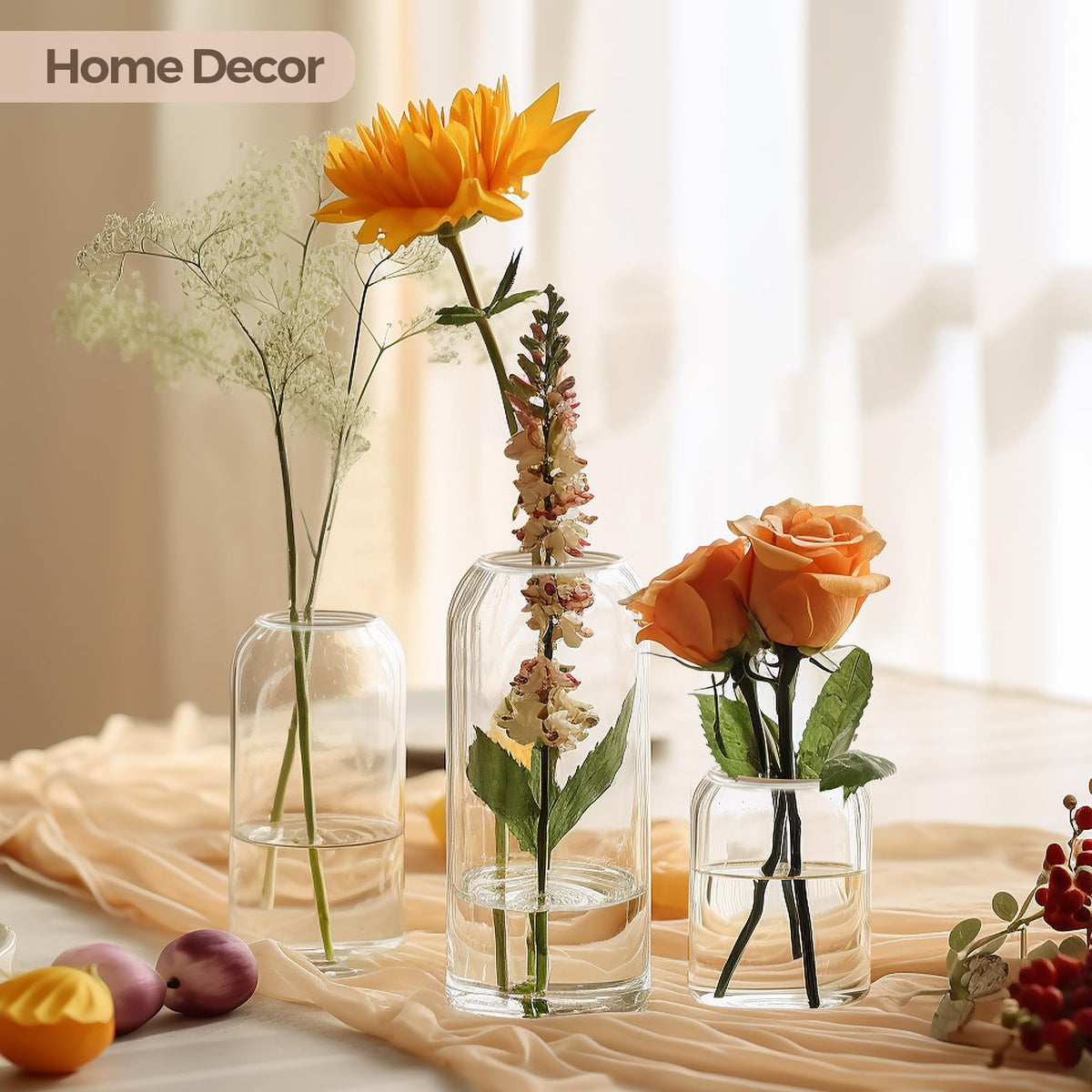 ComSaf small flower vases, 7.48-inch tall, create layered floral highlights.