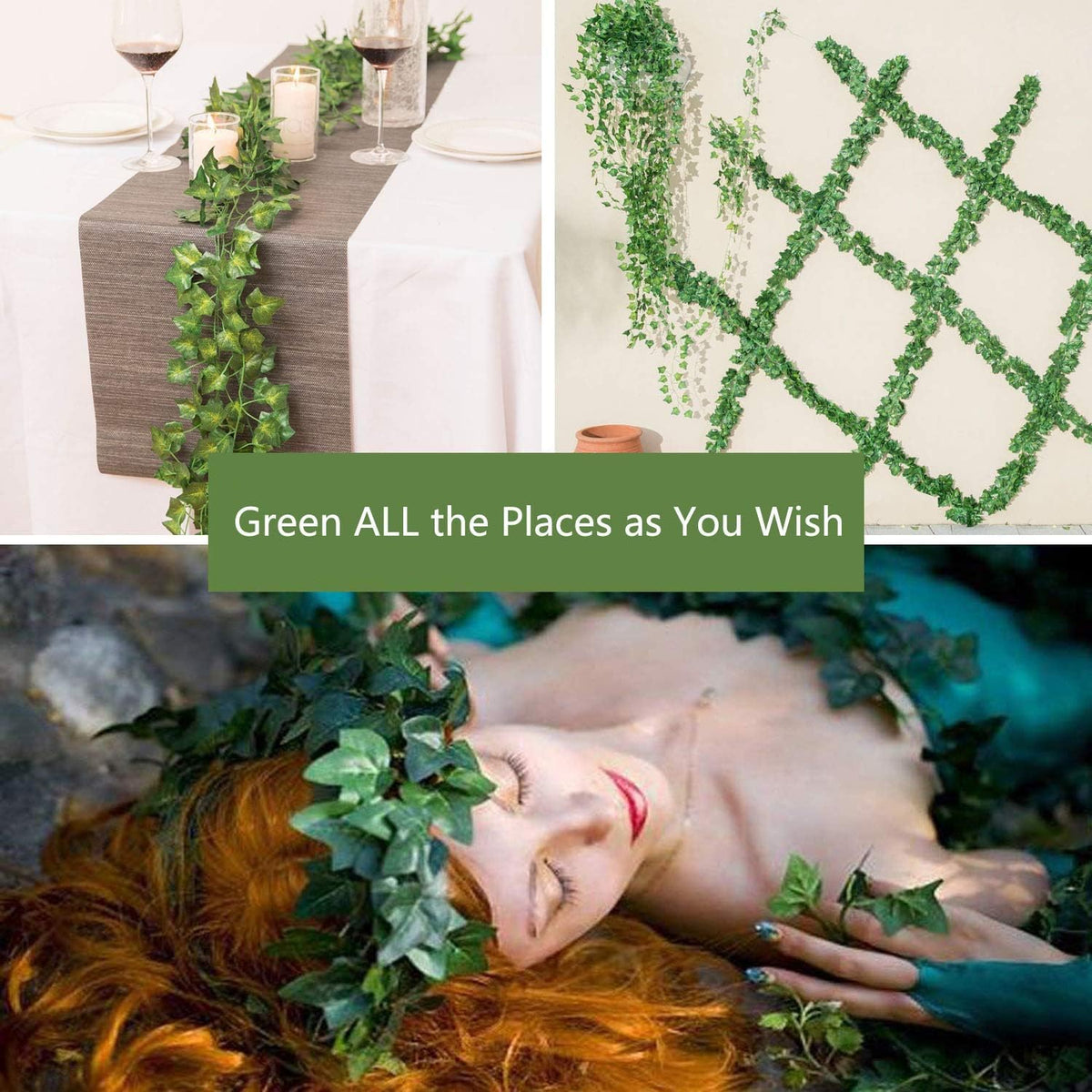 Comtelek artificial ivy leaves close-up showing lifelike texture and rich green hues.