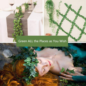 Comtelek artificial ivy leaves close-up showing lifelike texture and rich green hues.