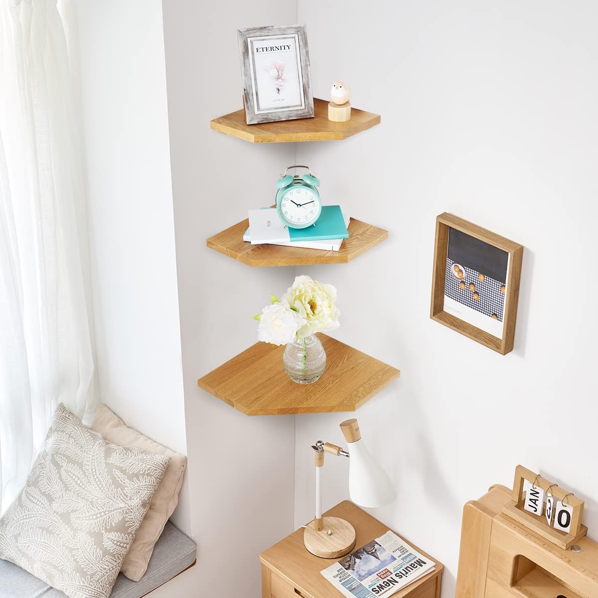 Conamily corner shelves in oak wood finish highlighting premium craftsmanship and natural grain