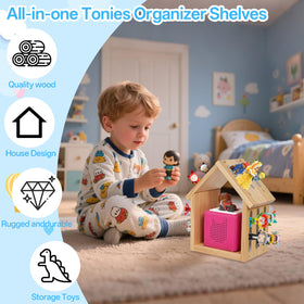 Conamily Tonies shelf magnetic strips closeup showing secure storage for figures