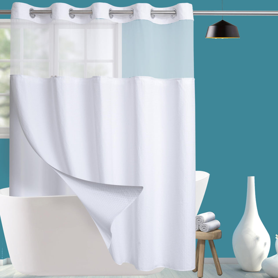 Conbo Mio extra-long shower curtain close-up shows waffle weave finish for hotel-like style.
