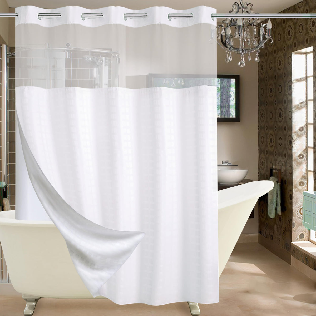Conbo Mio no-hook shower curtain front view for effortless one-minute install