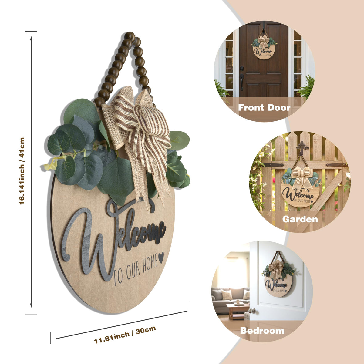 Condorpasea wooden hanging sign with artificial leaves enhances farmhouse decor.