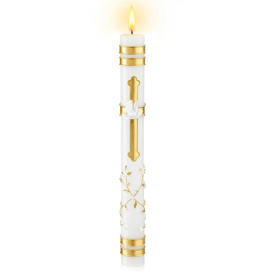 Conelist baptism candle with embossed cross and dove for baptism ceremonies.