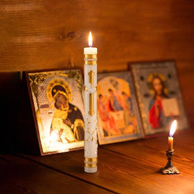 Conelist Catholic candle with ornate decorations ideal for ceremonies.